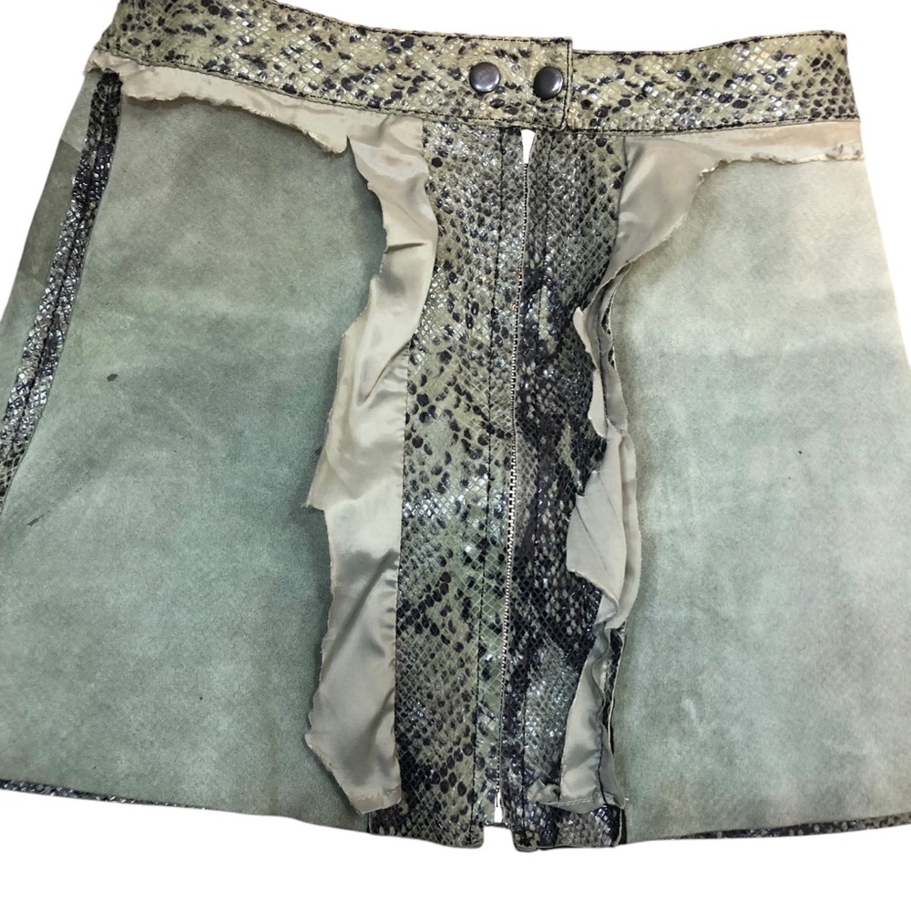 Allsaints Lena Oba Leather Skirt Sz O Snake Green A Line Mini Zip Front FLAWED - Picture 7 of 9